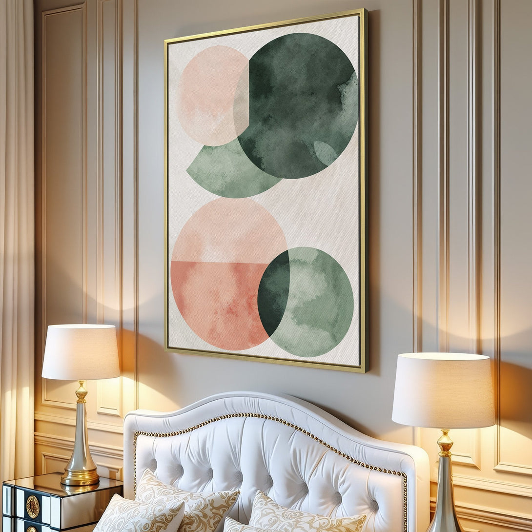 Abstract Canvas Print art featuring watercolor circles in blush pink and sage green. Modern wall decor for living room, bedroom.