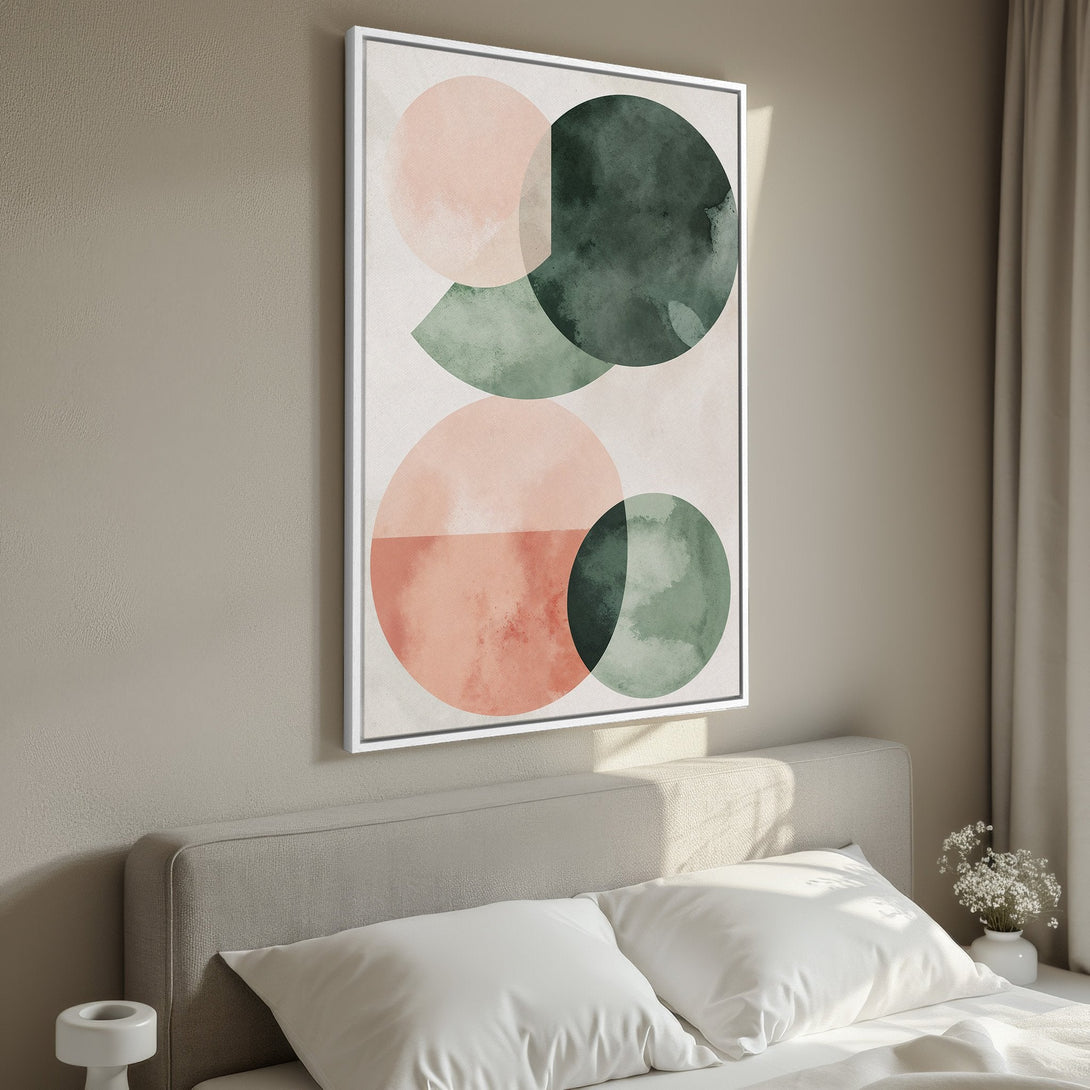 Framed Wall Art featuring abstract geometric circles in blush pink and green watercolor style. Modern art for bedroom decor.