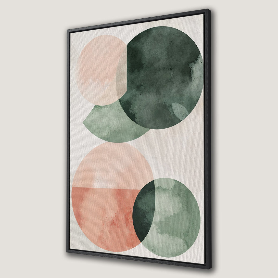 Framed Wall Art featuring abstract watercolor circles in muted pink and green hues. Modern art for home decor. Canvas Print.
