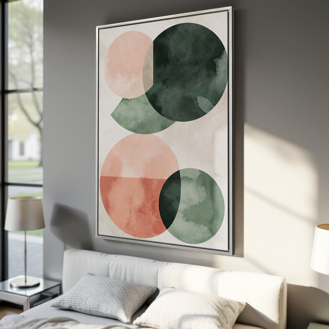 Framed Wall Art featuring abstract watercolor circles in blush pink and green. Modern art print for a stylish interior.
