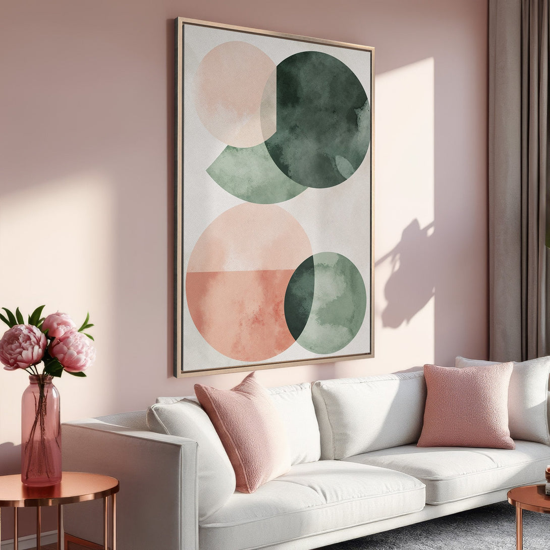 Framed Wall Art featuring abstract watercolor circles in blush pink and green. Modern art for living room decor. Soft, neutral color palette.