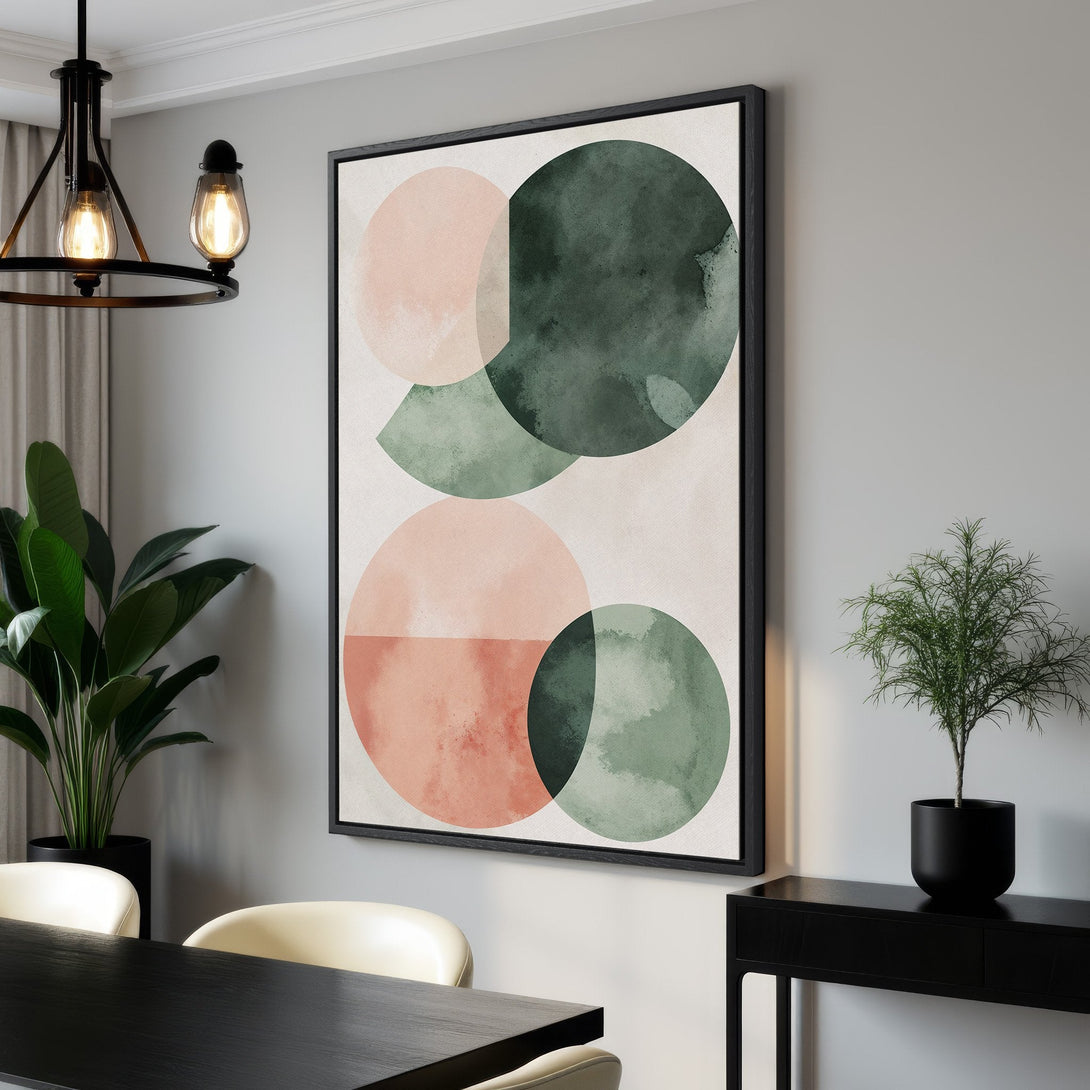 Framed Wall Art: Abstract geometric canvas print in blush pink and sage green. Modern art for home decor. Shop now for stylish wall art!