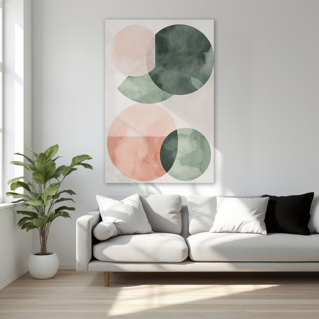 Framed Wall Art featuring an abstract watercolor design in blush pink and sage green. Modern Canvas Print adds a touch of elegance to any interior.