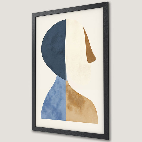 Framed Poster featuring abstract geometric figure in muted blue, beige, and brown tones, perfect for modern home decor.
