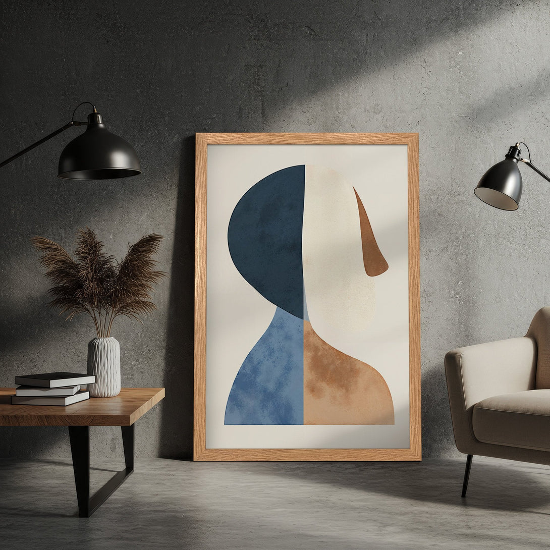 Framed Poster featuring abstract art with blue, beige, and brown color palette. Modern art print for home decor.