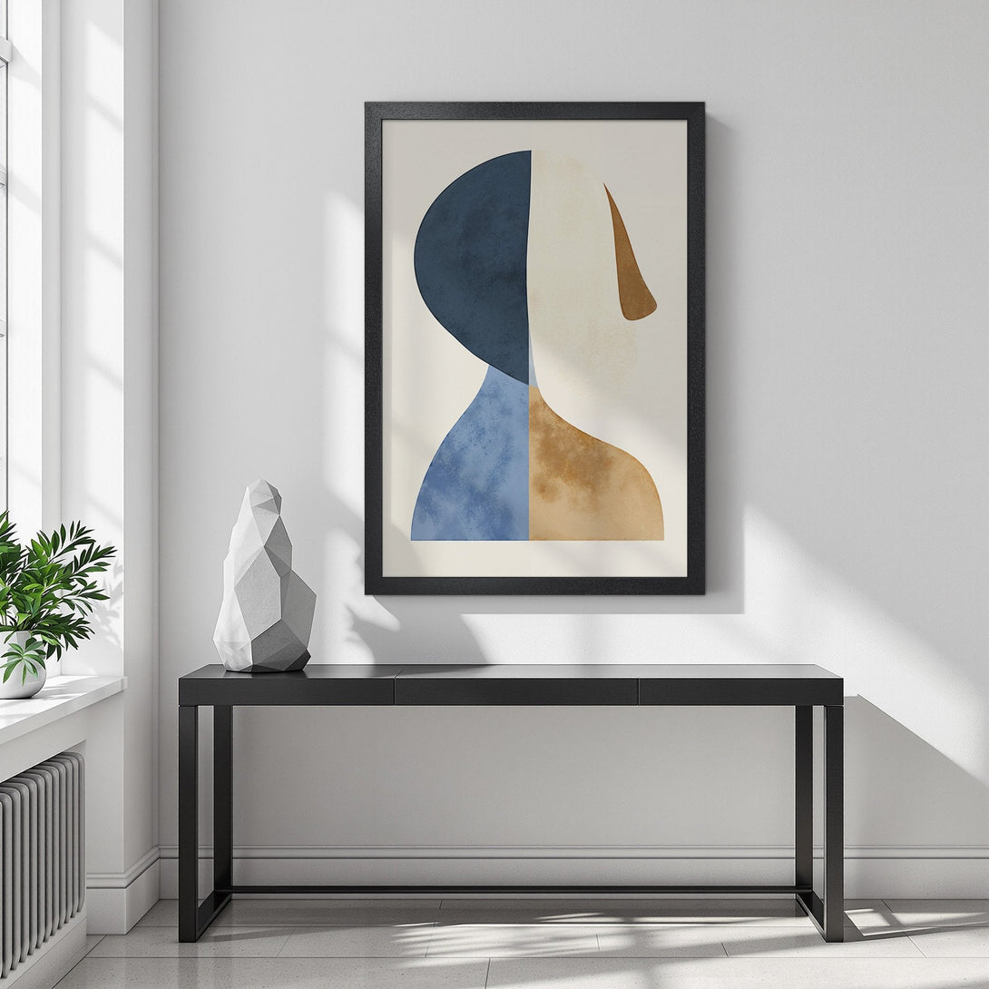 Framed Poster featuring abstract figure art in blue, beige, and brown tones. Modern art for your home!