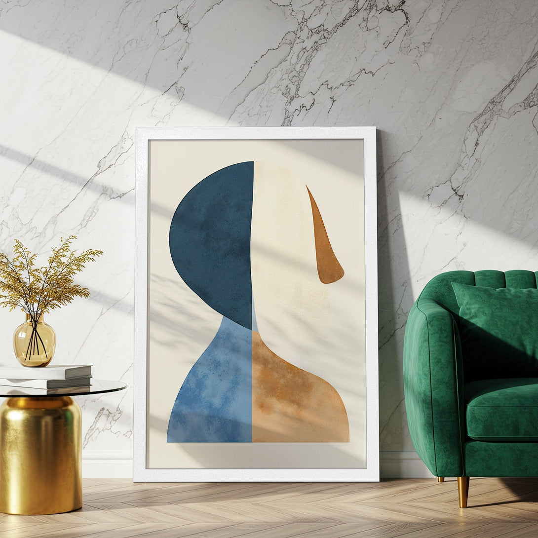 Framed Poster featuring abstract shapes in blue, beige, and brown hues. Modern art print for home decor.