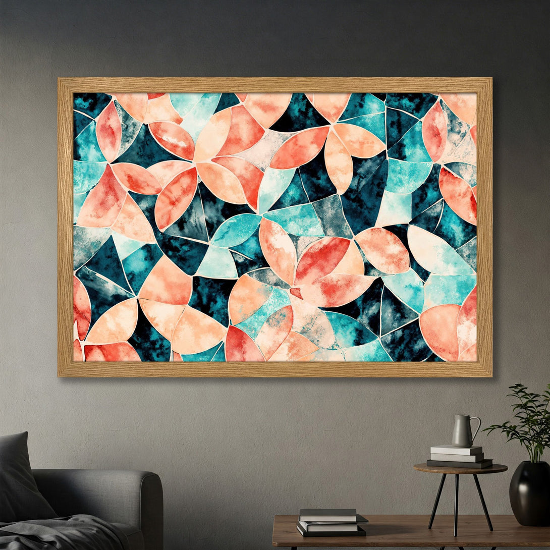 Framed Poster featuring abstract floral art in watercolor style with a teal, coral, and black color palette. Perfect wall decor!