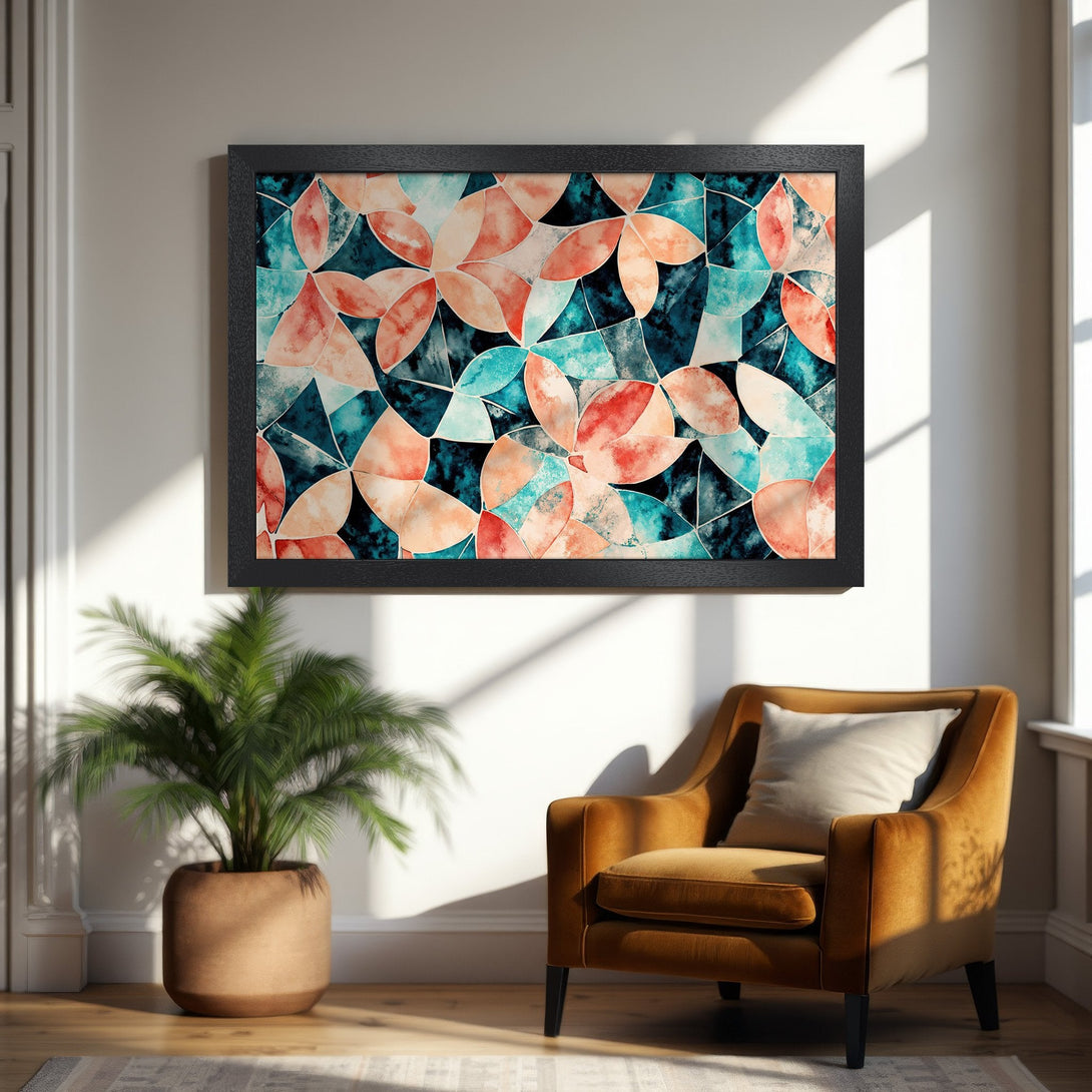 Framed Poster with abstract floral design in teal, coral, and navy watercolor style. Modern art for home decor.