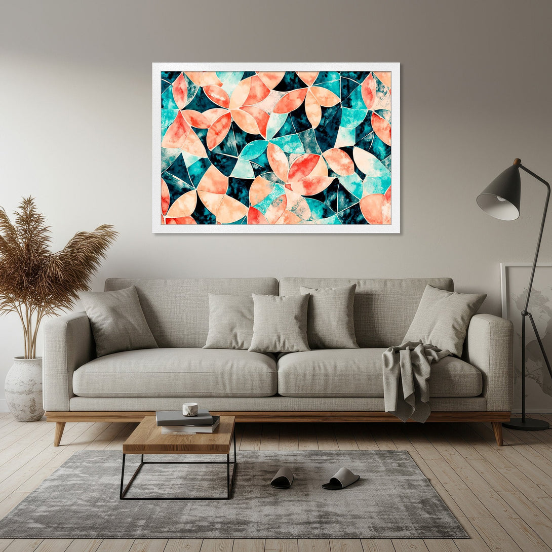 Framed Poster featuring abstract floral design in teal, coral, and black. Modern art style for home decor.
