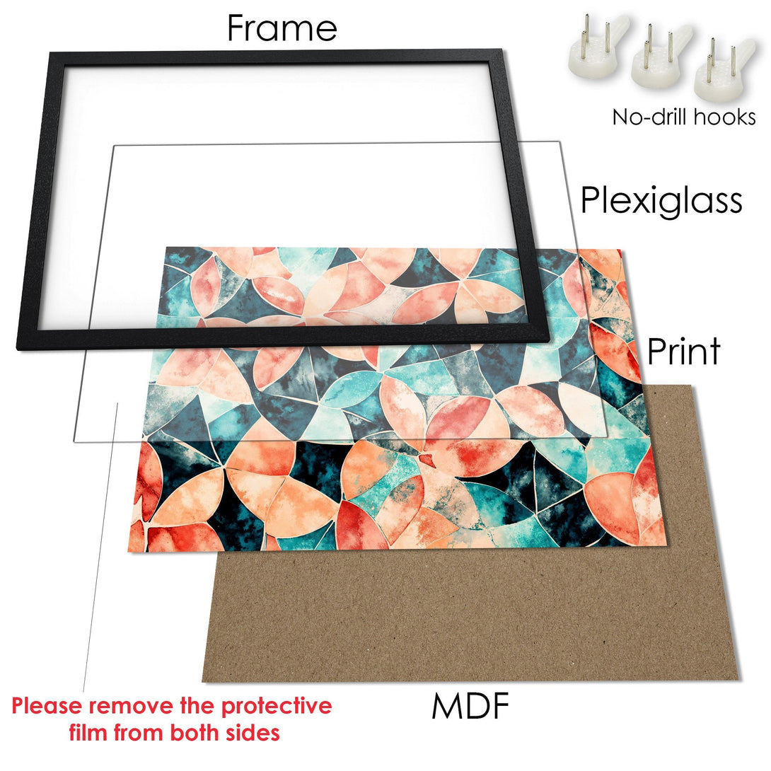 Framed Poster with abstract floral art in teal, coral, and black. Modern wall decor for any space.