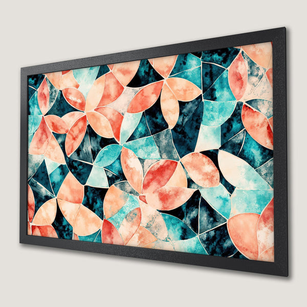Framed Poster featuring abstract floral design in watercolor style. Teal, coral, and black color palette. Perfect wall art for any space.