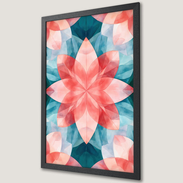 Framed Poster featuring a watercolor floral design in coral, teal, and blue. Abstract art perfect for home decor.