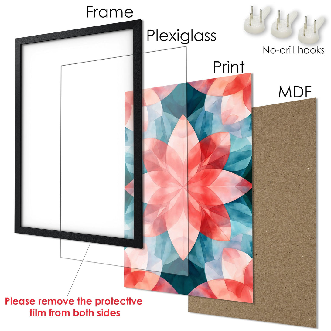 Framed Poster art featuring a floral design in watercolor style with red and blue hues. Perfect wall decor!