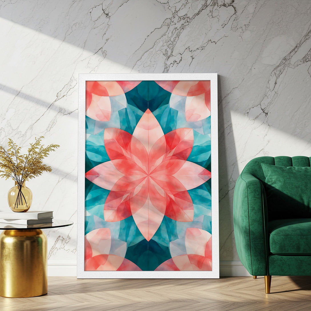 Framed Poster featuring a vibrant floral design in watercolor style with a teal and coral color palette, perfect for modern decor.