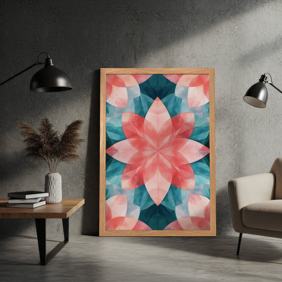 Framed Poster featuring a floral watercolor design in pink and teal. Modern art print for home decor.