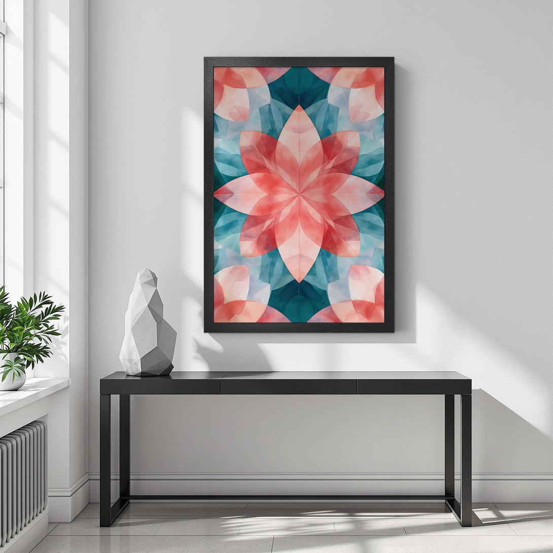 Framed Poster featuring a geometric floral design in watercolor style with a coral and teal color palette. Perfect wall art!