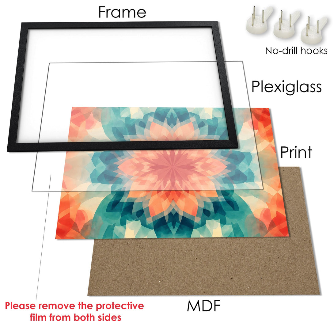 Framed Poster featuring abstract floral design in teal, orange, and peach. Modern art print for home decor.