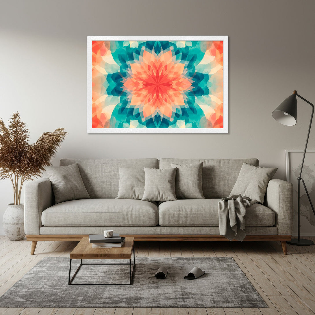 Framed Poster featuring a vibrant geometric floral design in a teal, coral, and peach color palette. Modern art for your home!