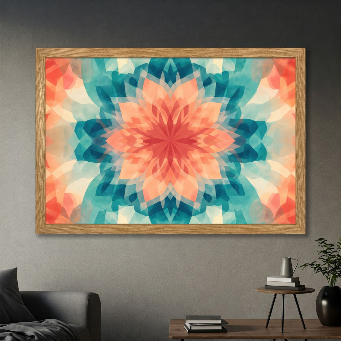 Framed Poster featuring a vibrant abstract floral design in teal, orange, and beige. Modern art print for home decor.