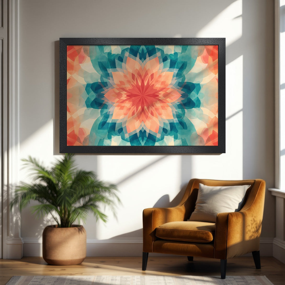 Framed Poster featuring a floral abstract design in teal, orange, and beige. Modern art style for home decor.
