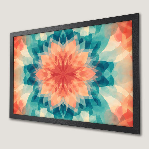 Framed Poster featuring an abstract floral design in teal, orange, and cream watercolor style. Perfect wall art!