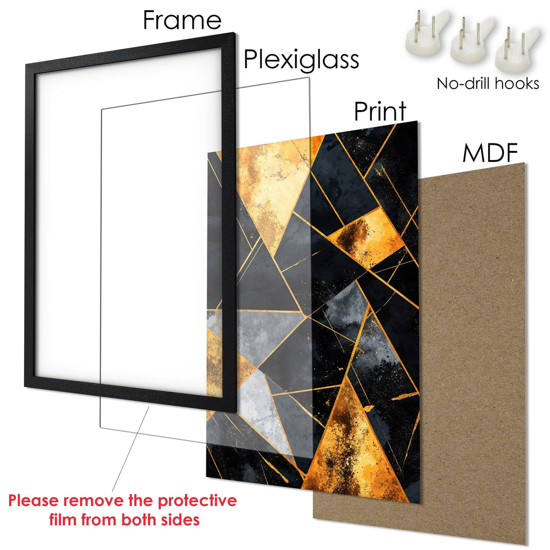Framed Poster with abstract geometric design. Features a black, gold, and gray color palette. Elevate your space with this stylish art.