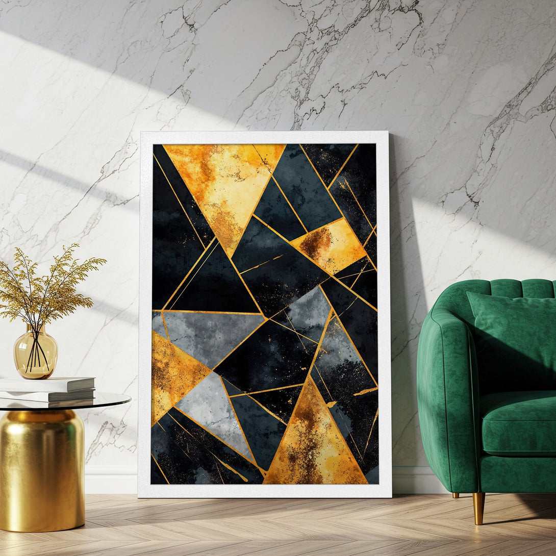 Framed Poster featuring abstract geometric art in gold, black, and gray tones. Modern wall decor for a stylish home.