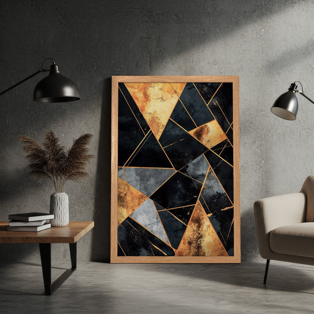Framed Poster featuring abstract geometric art in black, gold, and gray tones. Modern wall art decor.