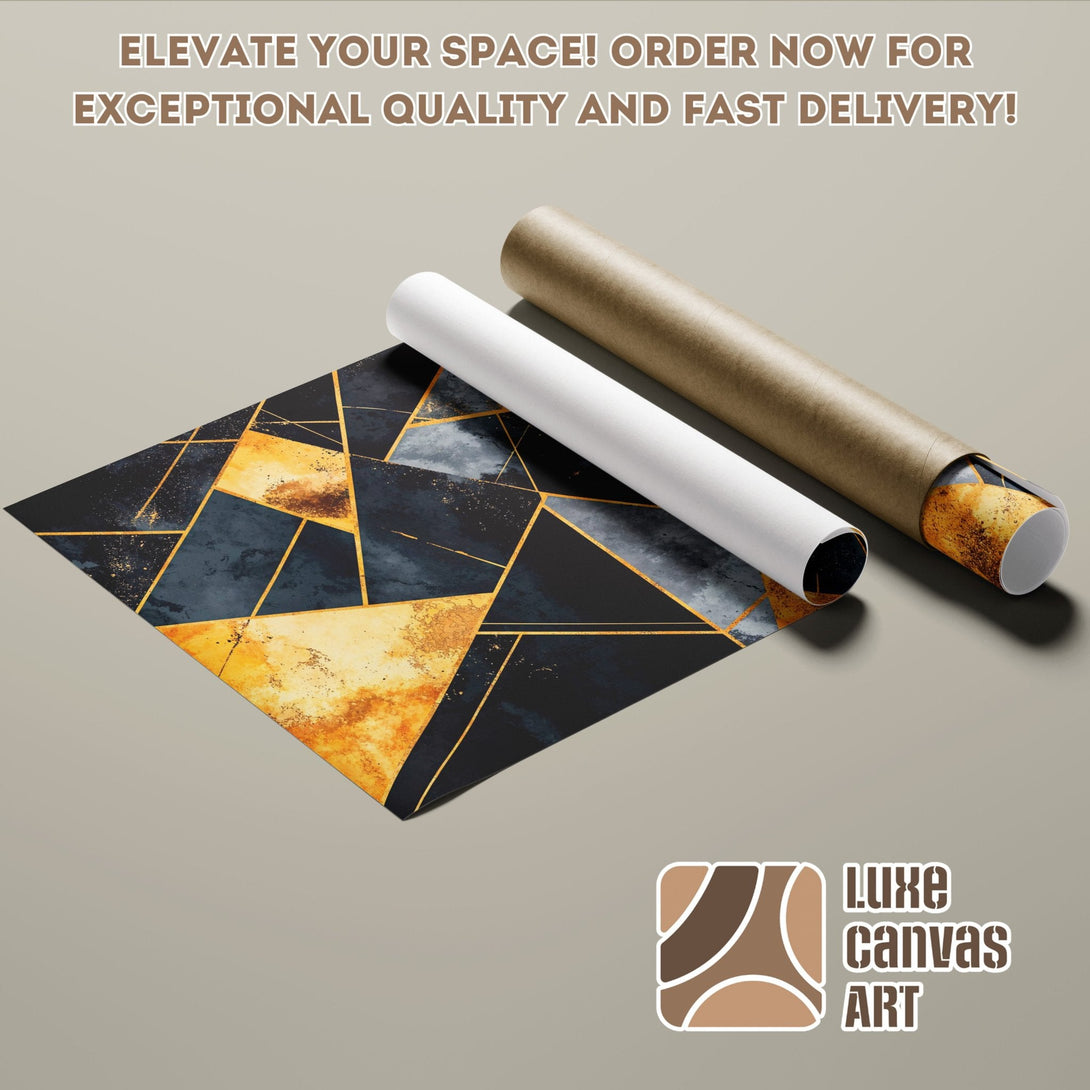 Geometric abstract poster roll in black, gold, and blue. Elevate your space with Luxe Canvas Art!