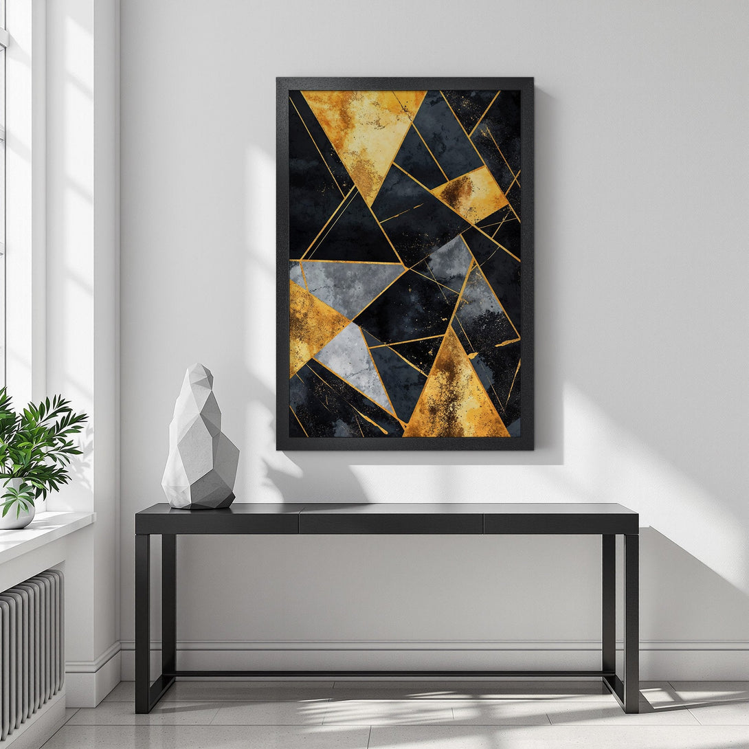 Framed Poster featuring geometric abstract art in black, gold, and gray tones. Elevate your space with this stylish wall art.