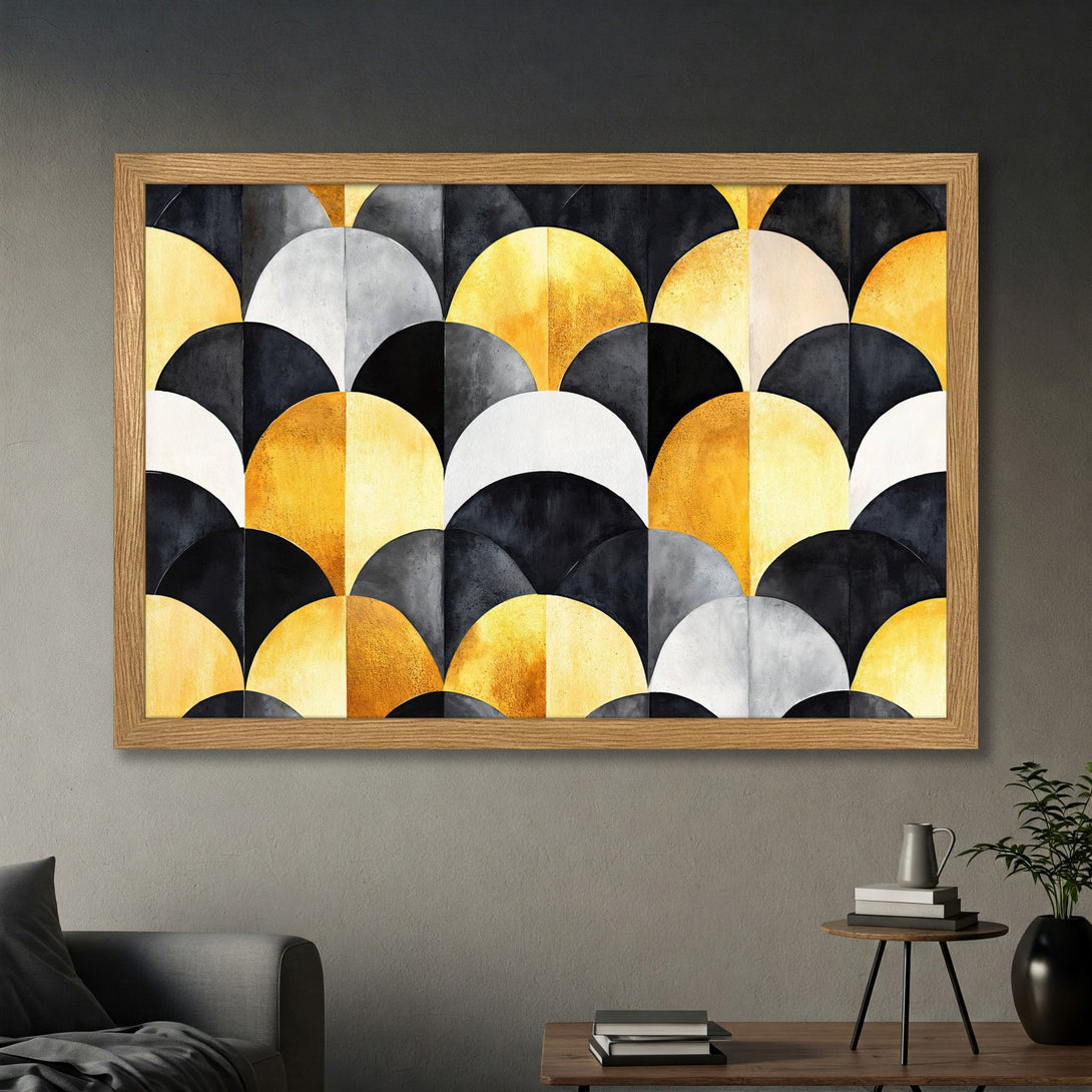 Framed Poster featuring a geometric abstract design in gold, black, and gray. Modern art print for home decor.