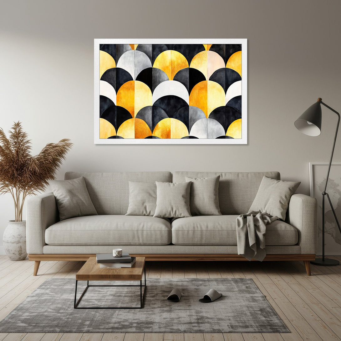 Framed Poster featuring a geometric abstract design in black, gold, and gray. Modern art for your home!