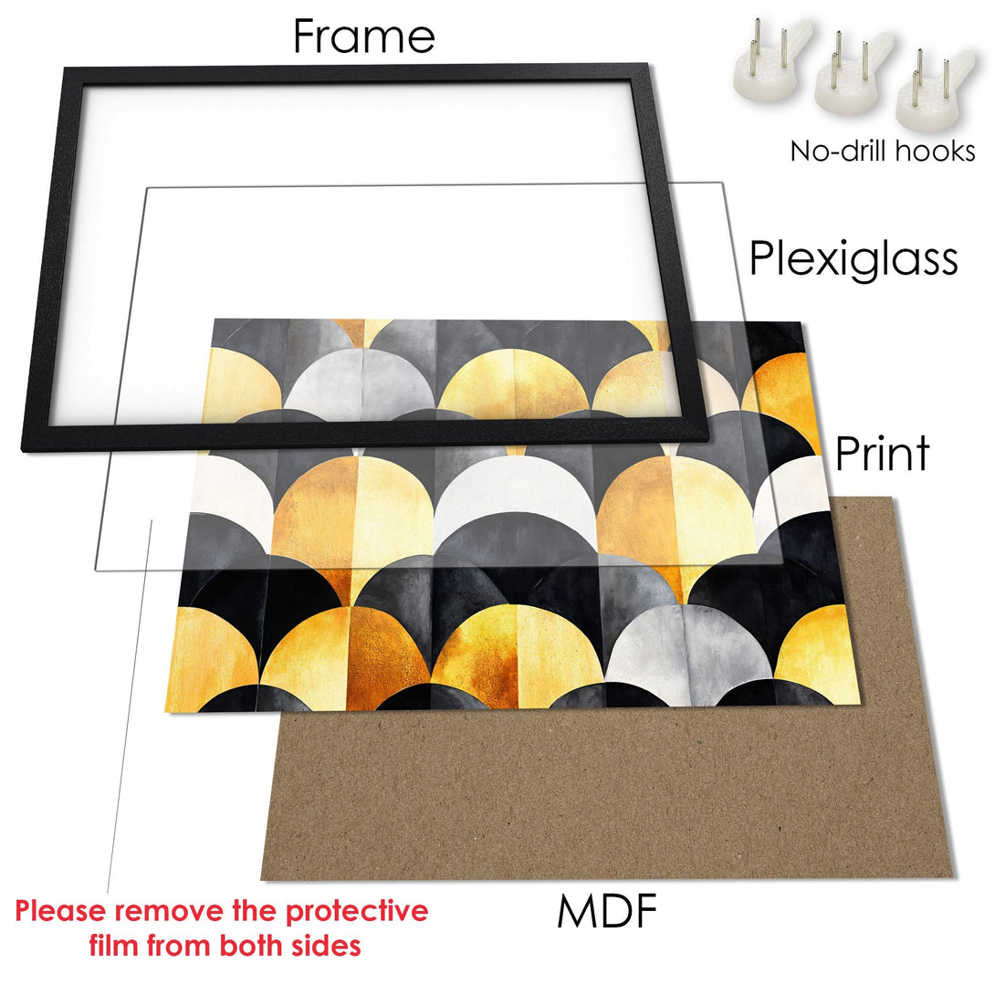 Framed Poster with geometric art in gold, black, and gray. Modern wall decor for your home.