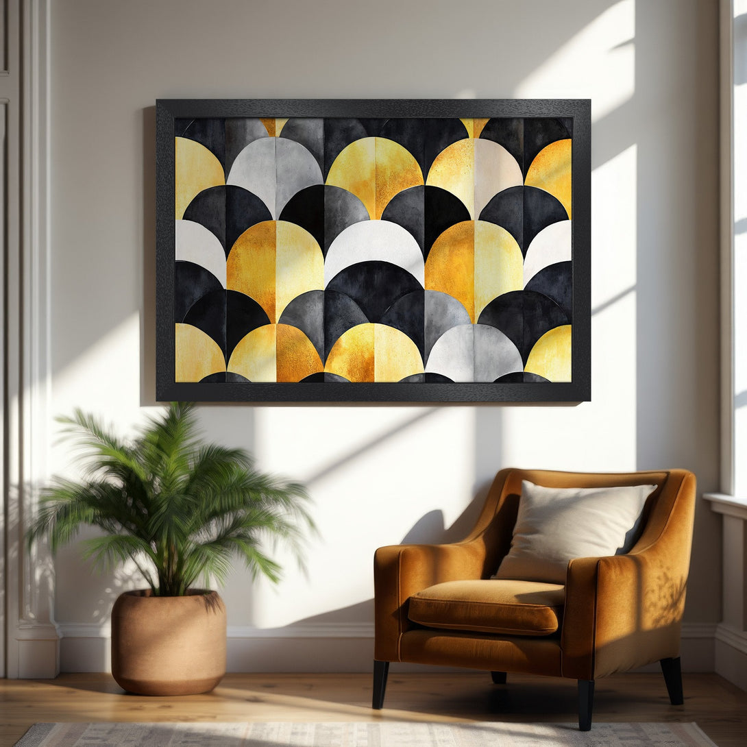 Framed Poster featuring an abstract geometric design in gold, black, and gray. Modern art for your home decor.
