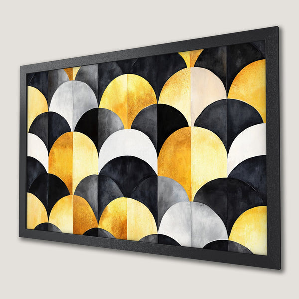 Framed Poster featuring an abstract geometric design in black, gold, white, and gray. Modern art for your home!