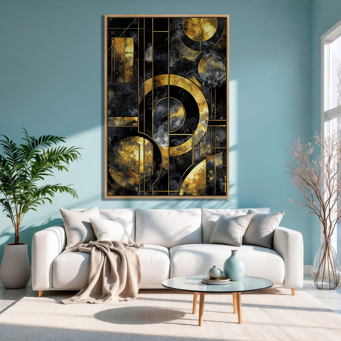 Framed Wall Art featuring an abstract geometric design in black, gold, and gray. Modern art piece perfect for living room decor.