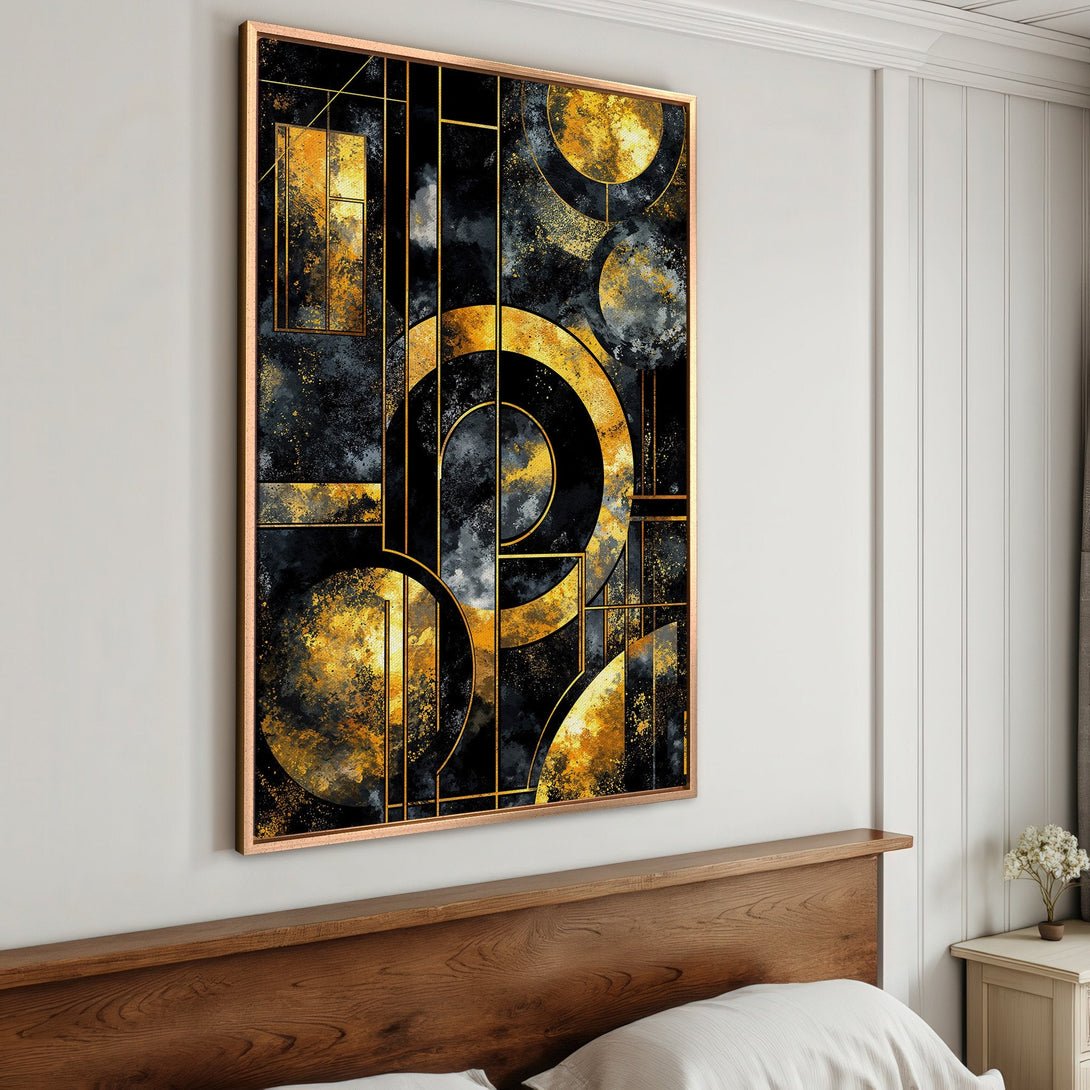 Framed Wall Art: Abstract geometric art in black, gold, and grey. Modern style canvas print adds luxury to any space. Shop now!