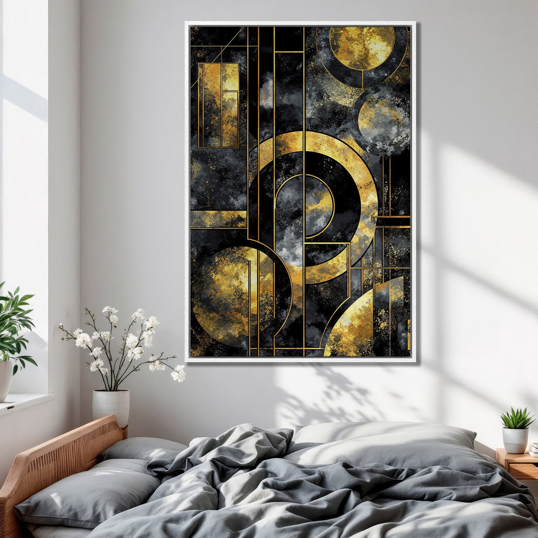 Framed Wall Art featuring an abstract geometric design in black, gold, and gray. Modern art for bedroom decor.