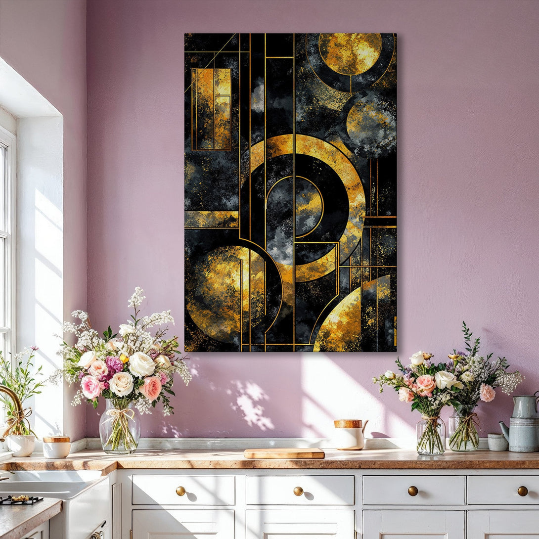 Framed Wall Art: Geometric abstract art in gold and black. Modern canvas print adds a touch of luxury to any interior. Shop now!