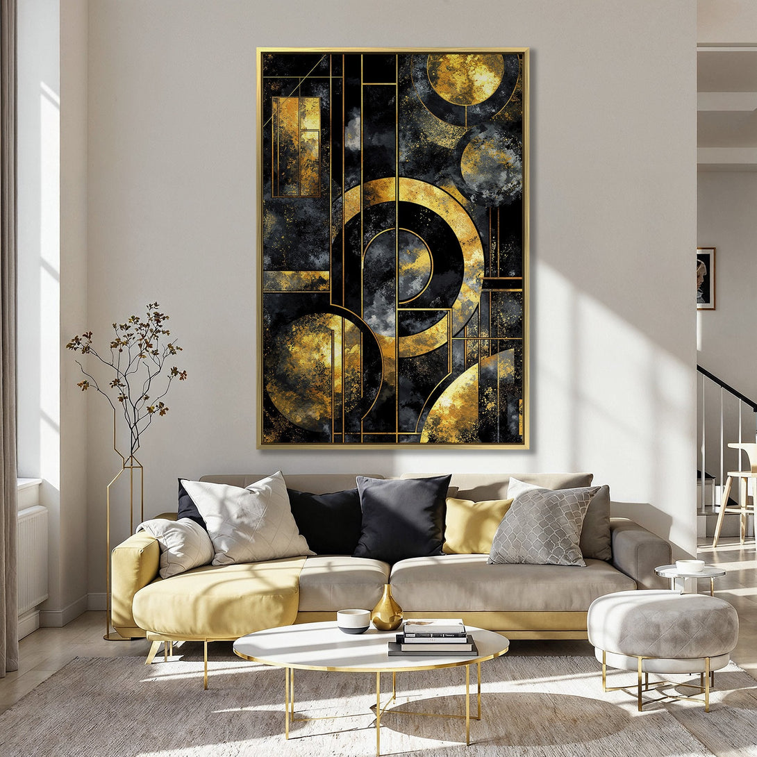 Abstract Canvas Print featuring gold and black geometric shapes, perfect for modern home decor. Art Deco style, elegant and stylish.