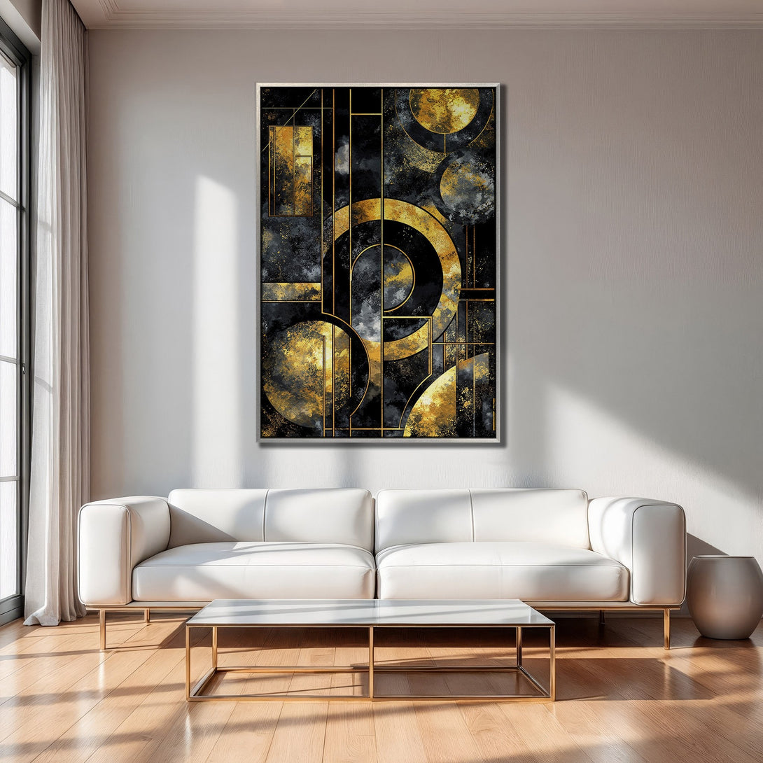 Framed Wall Art: Abstract geometric design in black, gold, and gray. Modern art canvas print adds a touch of luxury to any interior.
