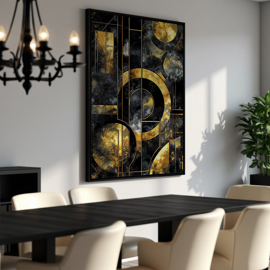 Framed Wall Art featuring an abstract geometric design in black, gold, and gray, perfect for modern home decor.