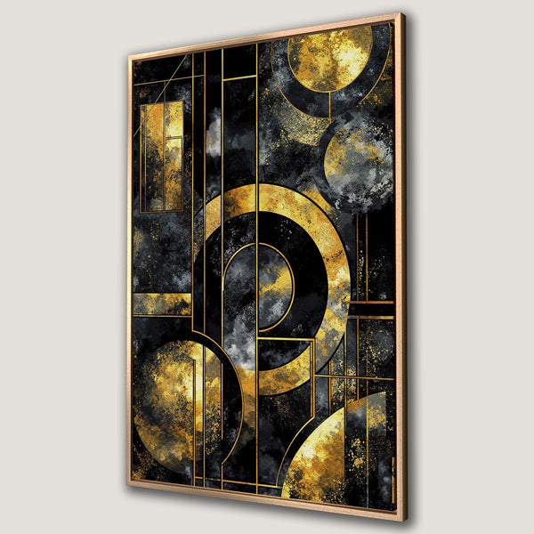 Framed Wall Art: Abstract geometric design in black, gold, and gray. Modern art canvas print perfect for adding a touch of luxury to any space.