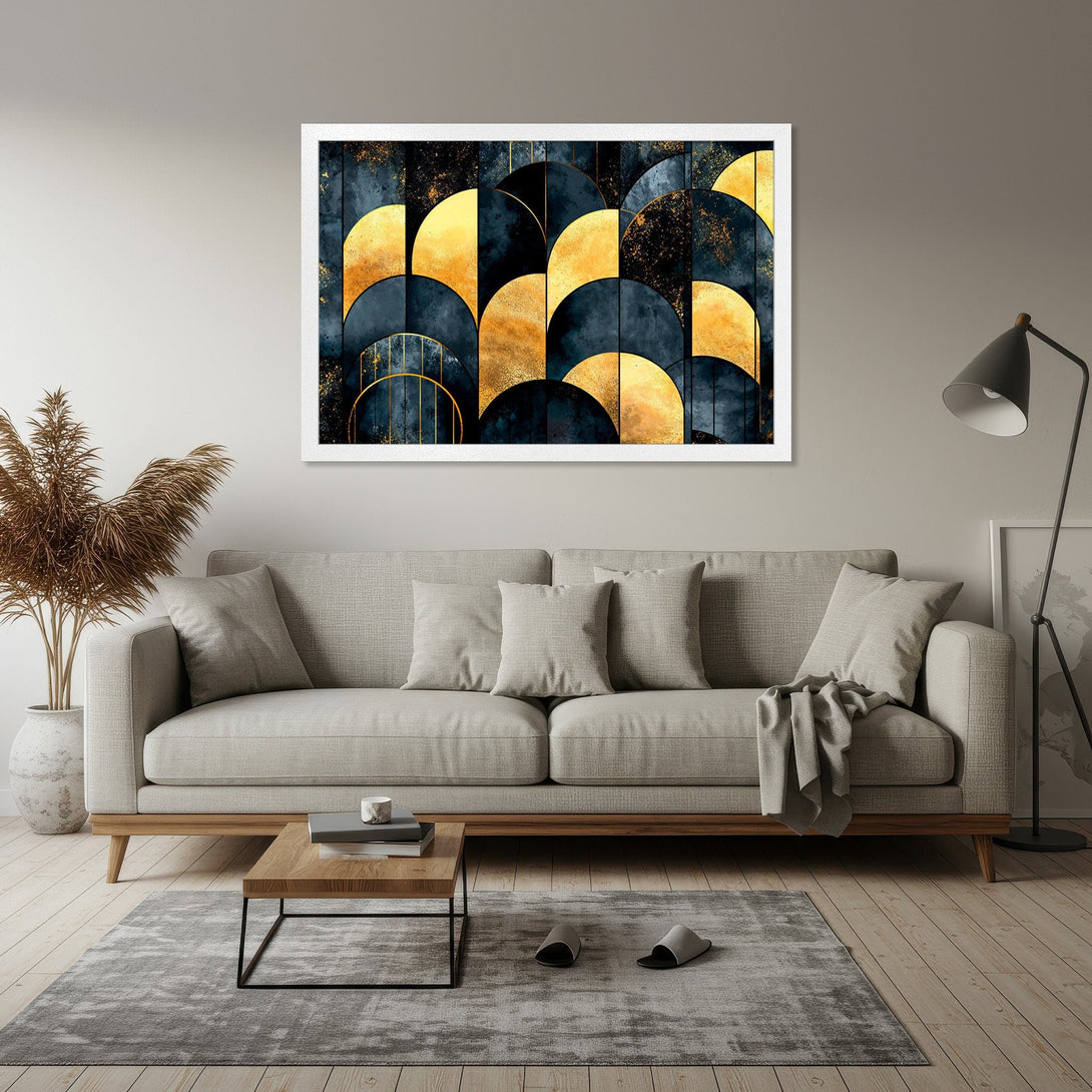 Framed Poster featuring abstract geometric art in navy, gold, and black. Modern style, perfect for home decor.