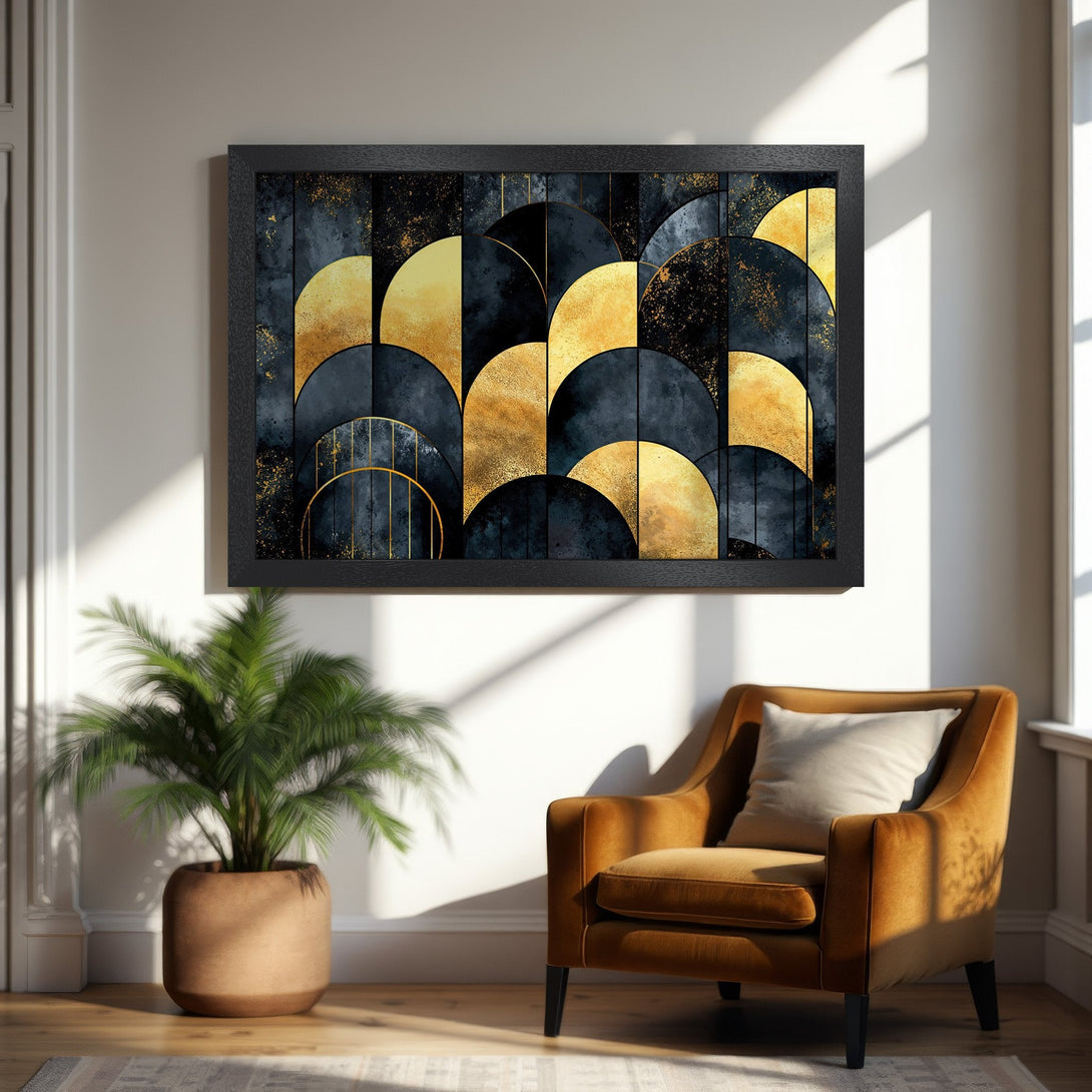 Framed Poster featuring abstract geometric art in gold and navy blue, adding a touch of modern elegance to any space.