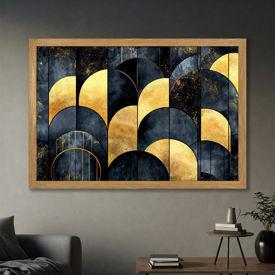 Framed Poster featuring an abstract gold and navy design. Modern art print for stylish home decor.