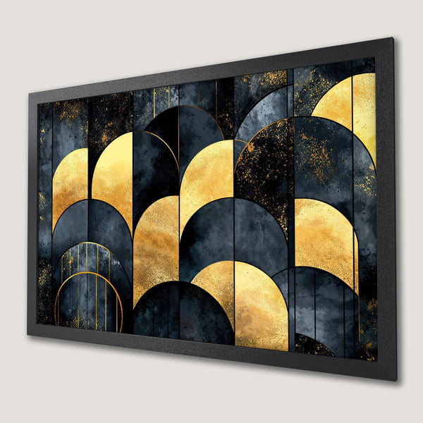 Framed Poster featuring abstract geometric design in navy, gold, and black. Modern art poster for home decor.