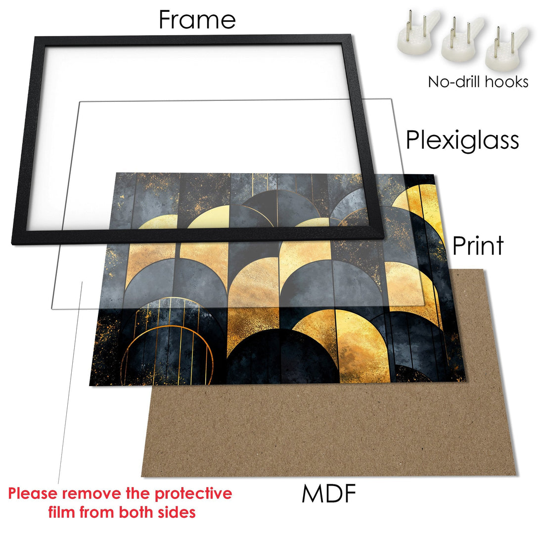 Framed Poster featuring abstract geometric art in a gold, black, and gray color palette. Modern wall art for your home!