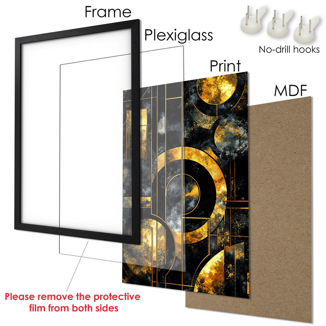 Framed Poster with abstract geometric design in black, gold, and gray. Modern art print for home decor.